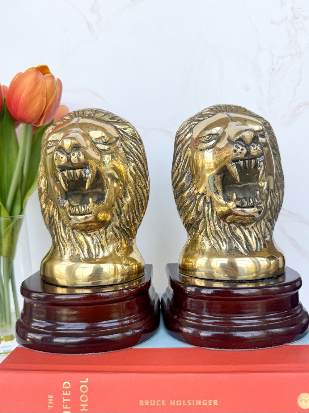 Vintage 1991 Brass Lion Head Bookends on Glossy Wood Plinths